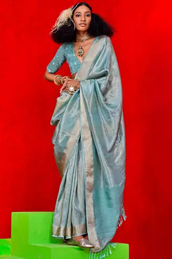 Blue  Banarasi Tissue Silk Saree with Viscose Zari Weave Saree With Blouse For Women