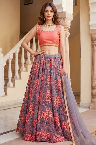  grey embroidered net festive lehenga set choli with dupatta
