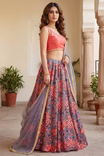  grey embroidered net festive lehenga set choli with dupatta