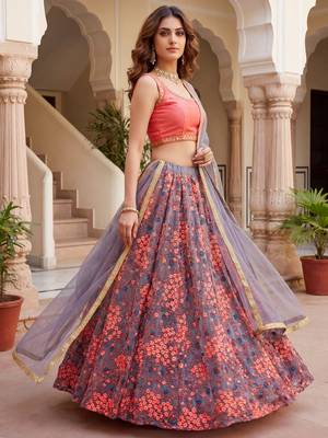  grey embroidered net festive lehenga set choli with dupatta 3