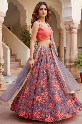  grey embroidered net festive lehenga set choli with dupatta