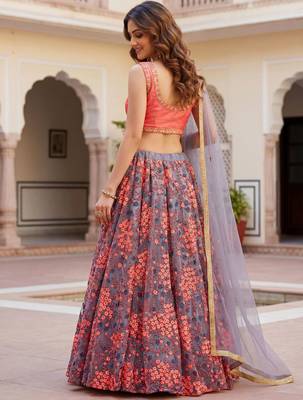  grey embroidered net festive lehenga set choli with dupatta 4