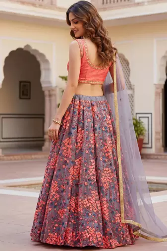  grey embroidered net festive lehenga set choli with dupatta
