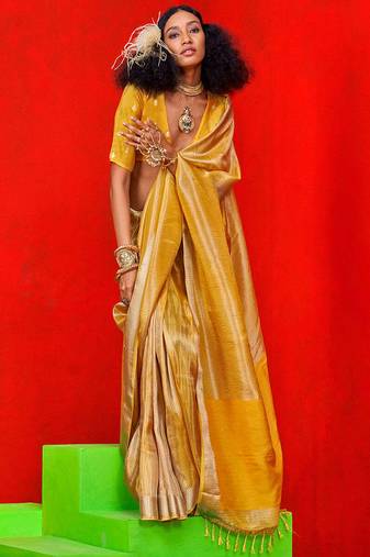 Yellow Banarasi Tissue Silk Saree with Viscose Zari Weave Saree With Blouse For Women