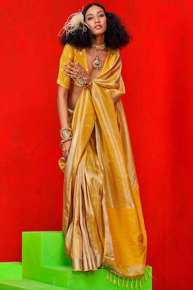 Yellow Banarasi Tissue Silk Saree with Viscose Zari Weave Saree With Blouse For Women