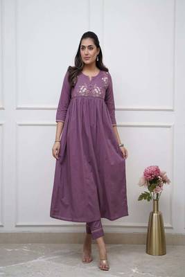 purple embroidered cotton kurta and pant 1