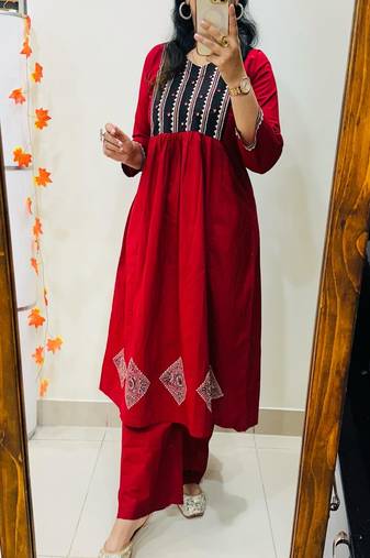 red printed cotton kurta and pant