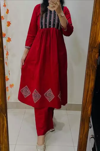 red printed cotton kurta and pant