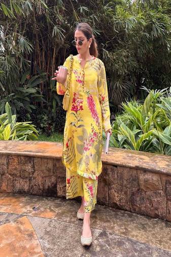 dark-yellow printed cotton kurta and pant