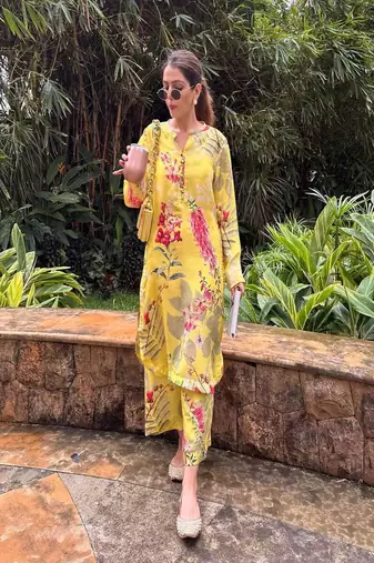 dark-yellow printed cotton kurta and pant