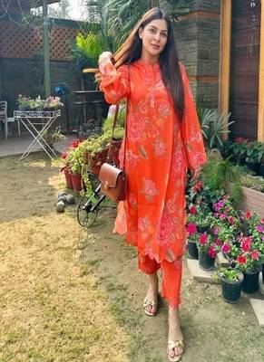orange printed silk blend kurta and pant 1