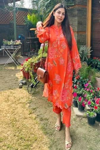 orange printed silk kurta and pant