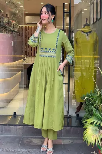green embroidered cotton kurta and pant