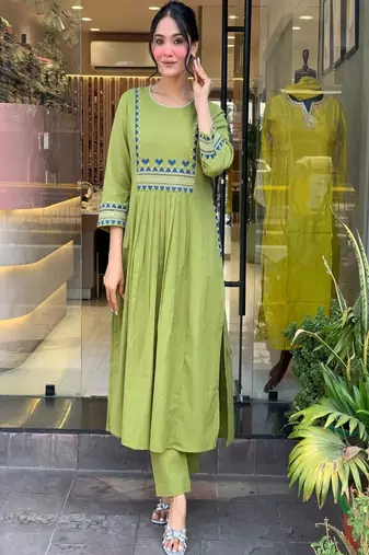 green embroidered cotton kurta and pant