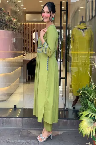 green embroidered cotton kurta and pant
