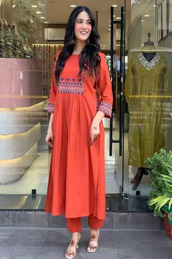 orange embroidered cotton kurta and pant