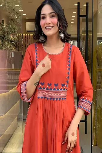 orange embroidered cotton kurta and pant