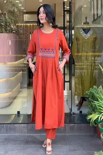 orange embroidered cotton kurta and pant