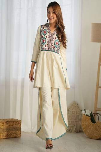 dark-white embroidered cotton kurta and pant