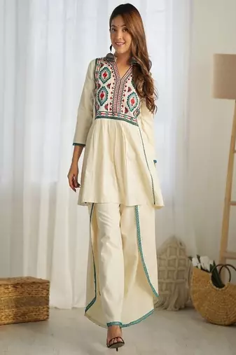 dark-white embroidered cotton kurta and pant