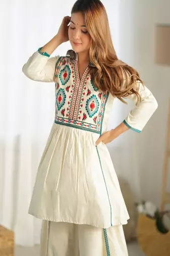 dark-white embroidered cotton kurta and pant