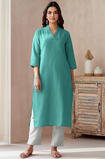 green printed cotton kurta and pant
