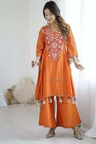 orange embroidered cotton kurta and pant