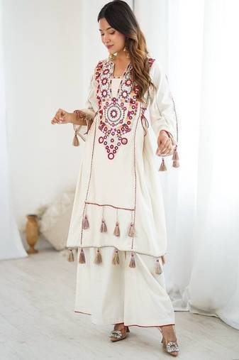 dark-white embroidered cotton kurta and pant