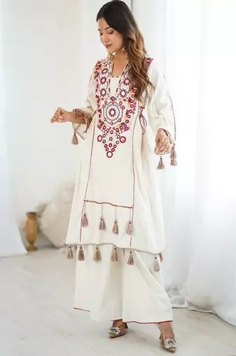 dark-white embroidered cotton kurta and pant