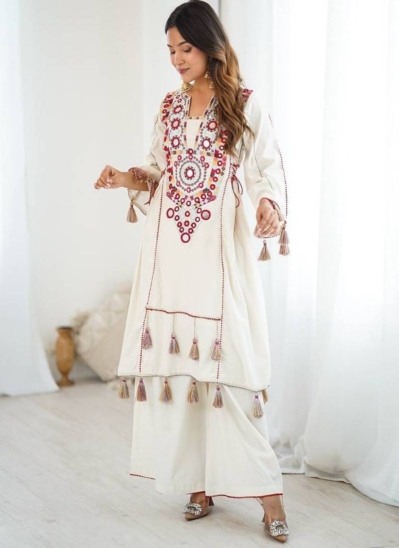 dark-white embroidered cotton kurta and pant