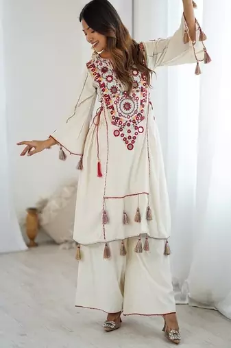 dark-white embroidered cotton kurta and pant