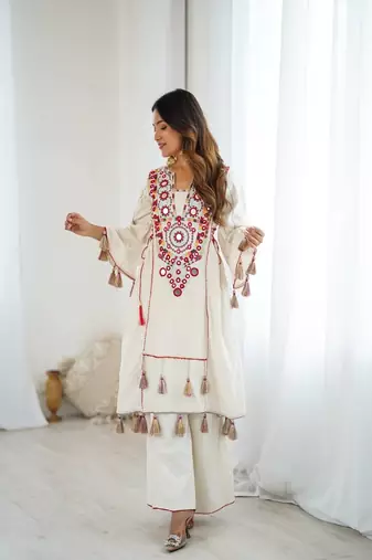 dark-white embroidered cotton kurta and pant