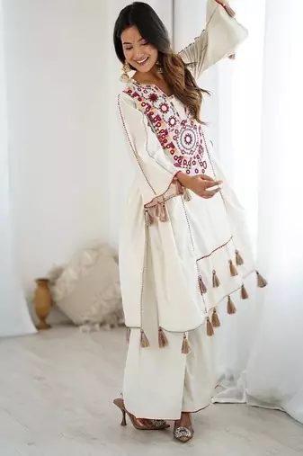 dark-white embroidered cotton kurta and pant