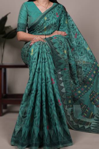 teal blue poly cotton printed saree with thread weaving work
