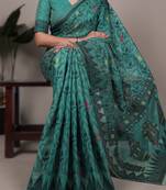 teal blue poly cotton printed saree with thread weaving work