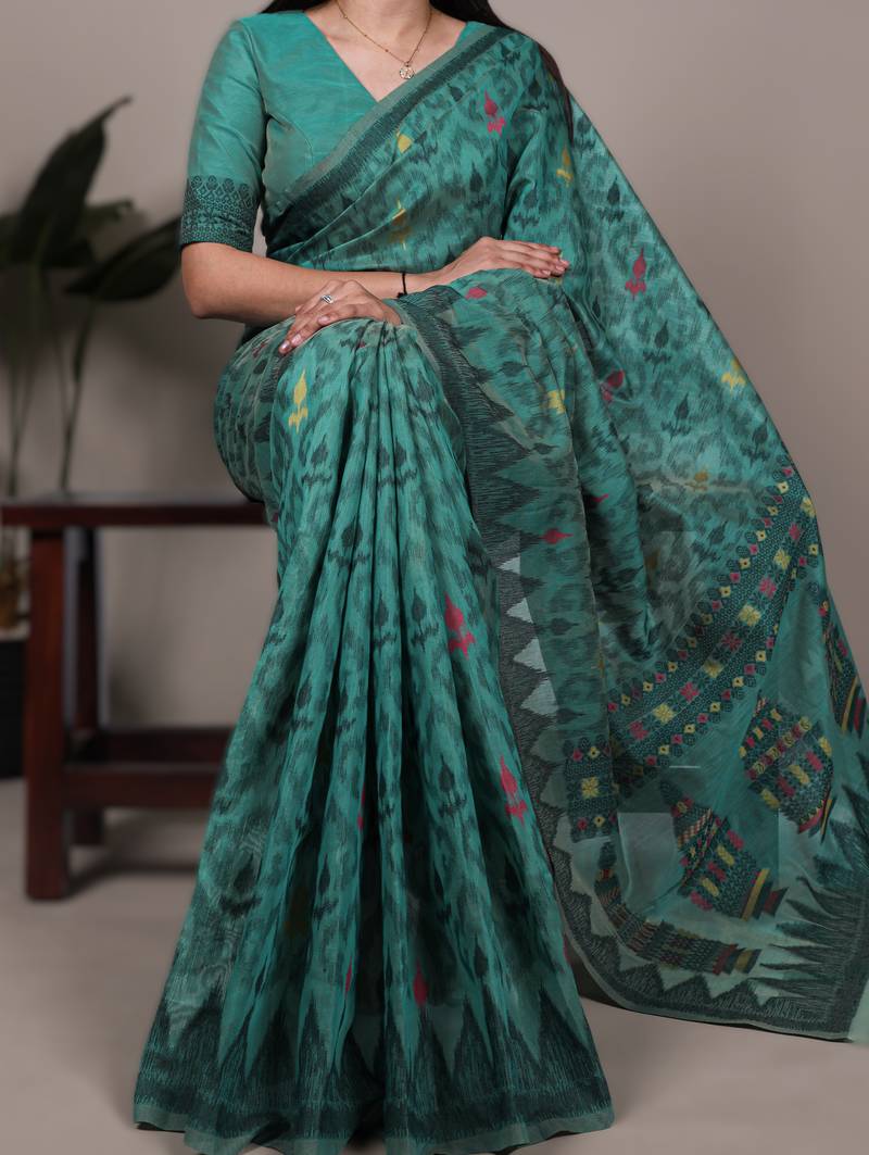 teal blue poly cotton printed saree with thread weaving work