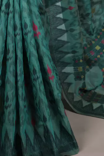 teal blue poly cotton printed saree with thread weaving work