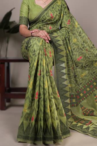 mehendi poly cotton printed saree with thread weaving work