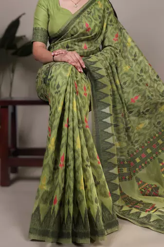 mehendi poly cotton printed saree with thread weaving work