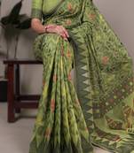 mehendi poly cotton printed saree with thread weaving work