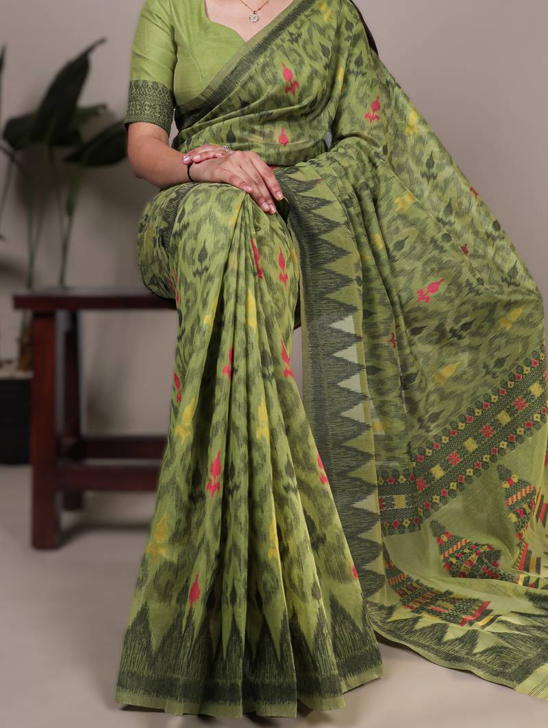 mehendi poly cotton printed saree with thread weaving work