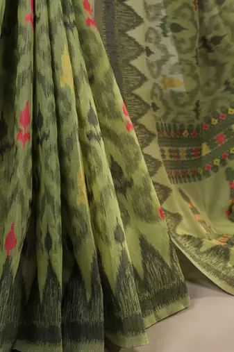 mehendi poly cotton printed saree with thread weaving work