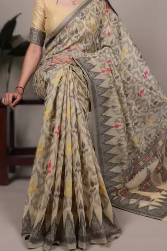 cream poly cotton printed saree with thread weaving work