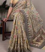 cream poly cotton printed saree with thread weaving work