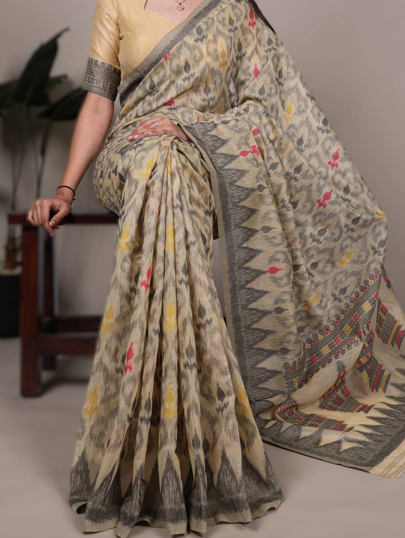 cream poly cotton printed saree with thread weaving work