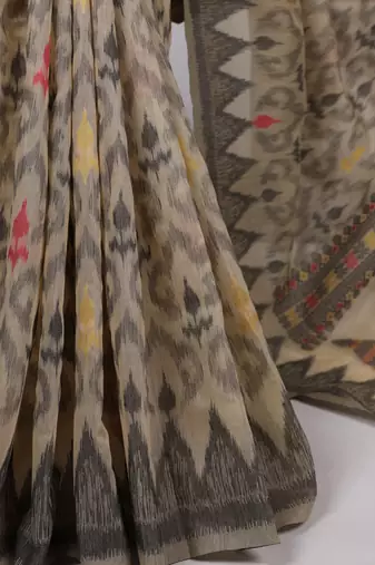 cream poly cotton printed saree with thread weaving work