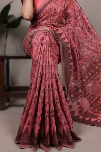 salmon poly cotton printed saree with thread weaving work