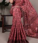 salmon poly cotton printed saree with thread weaving work