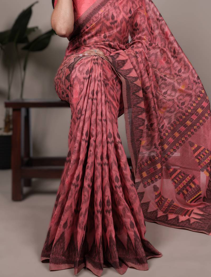 salmon poly cotton printed saree with thread weaving work