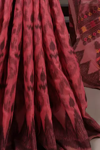 salmon poly cotton printed saree with thread weaving work
